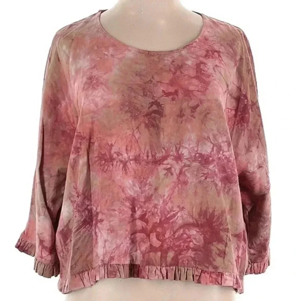 For Cynthia Red & Pink Tie Dye Linen Blend Ruffle Blouse Women’s Size XL